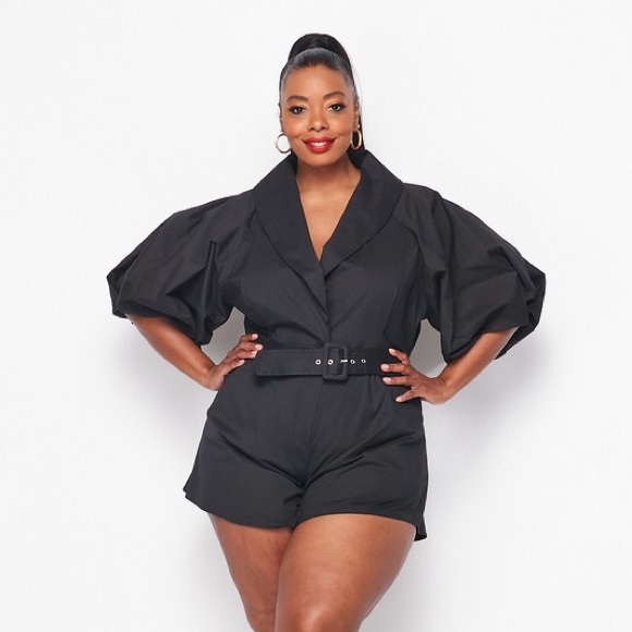 Collared Bubble Sleeve Romper - Picture 3 of 6